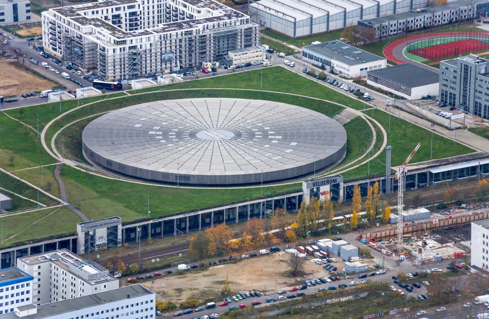 Berlin from above - View to the Velodrome at the Landsberger Allee in the Berlin district Prenzlauer Berg. The Velodrome is one of the largest event halls of Berlin and is used for sport events, concerts and other events