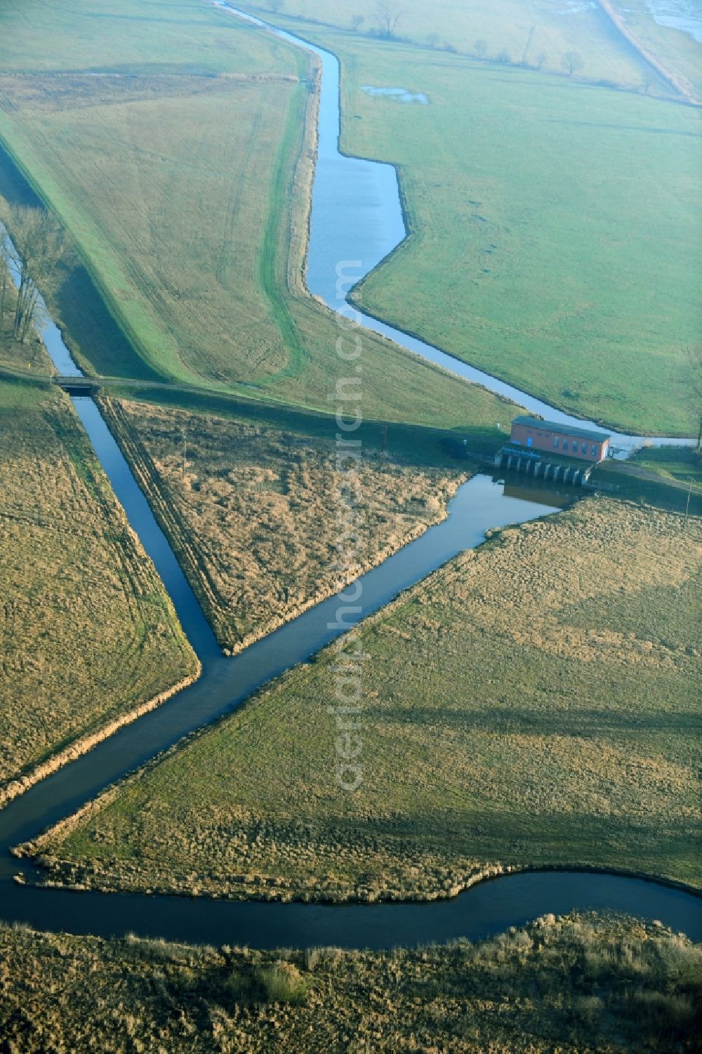 Amt Neuhaus from above - Irrigation and Melioration- channels on agricultural fields in Amt Neuhaus in the state Lower Saxony, Germany