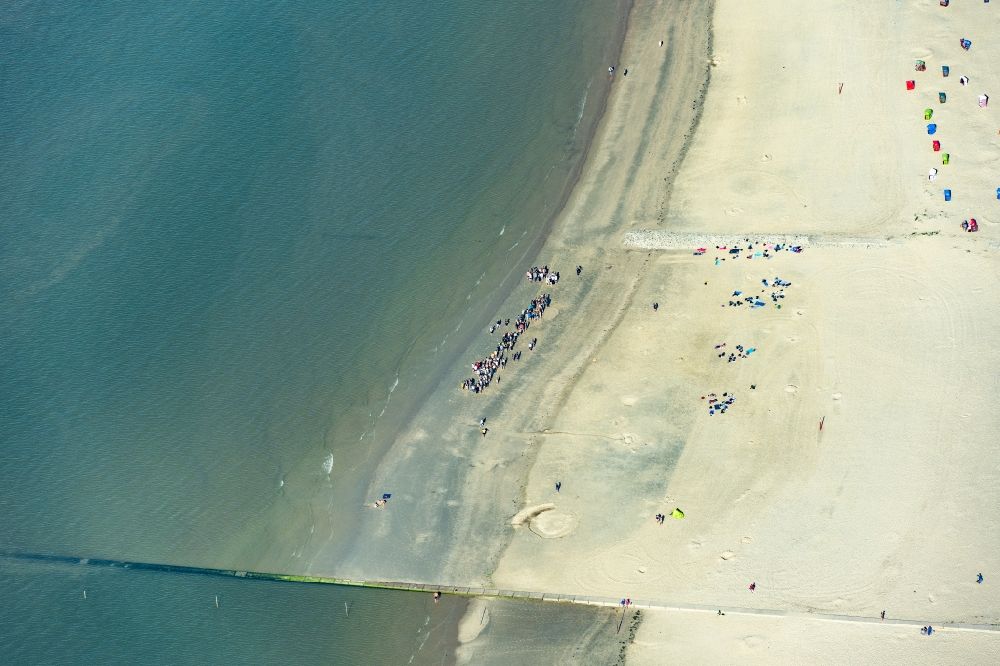 Aerial image Borkum - People group on the sandy beach in the coastal area of a??a??the North Sea in Borkum in the state Lower Saxony