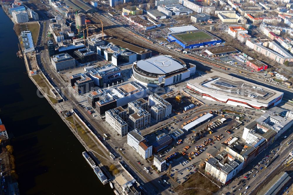 Berlin from the bird's eye view: Arena Mercedes-Benz-Arena on Friedrichshain part of Berlin. The former O2 World - now Mercedes-Benz-Arena - is located in the Anschutz Areal, a business and office space on the riverbank