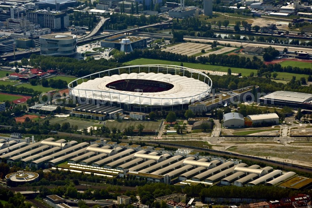 Stuttgart from above - Sports facility grounds of the Arena stadium Mercedes-Benz Arena in Stuttgart in the state Baden-Wurttemberg, Germany