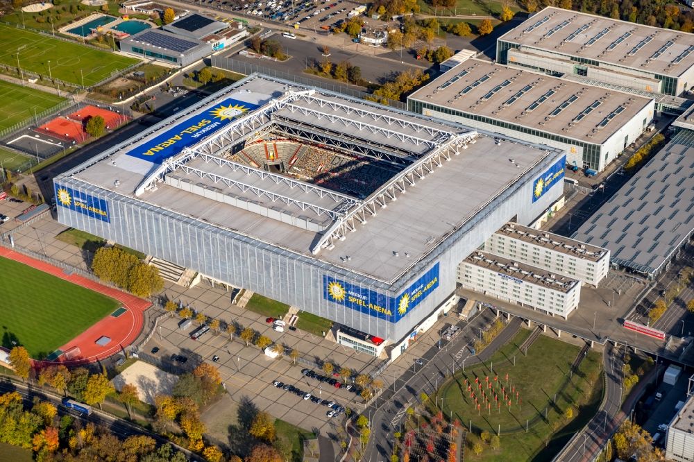 Aerial image Düsseldorf - Sports facility grounds of the MERKUR SPIEL-ARENA in Duesseldorf in the state North Rhine-Westphalia