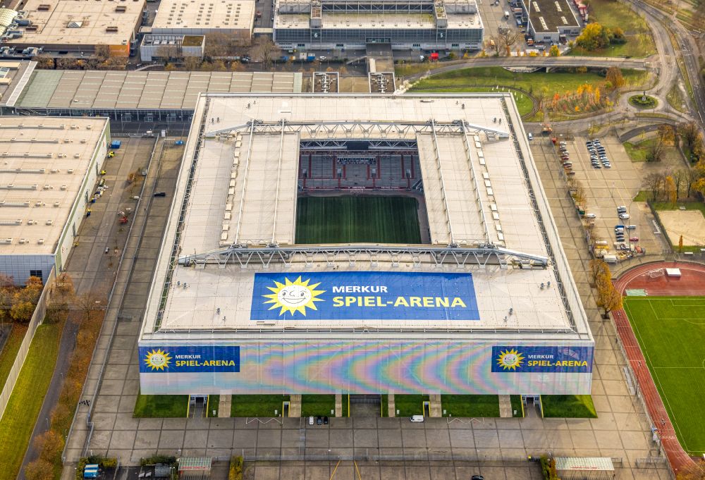 Düsseldorf from the bird's eye view: sports facility grounds of the MERKUR SPIEL-ARENA in Duesseldorf in the state North Rhine-Westphalia