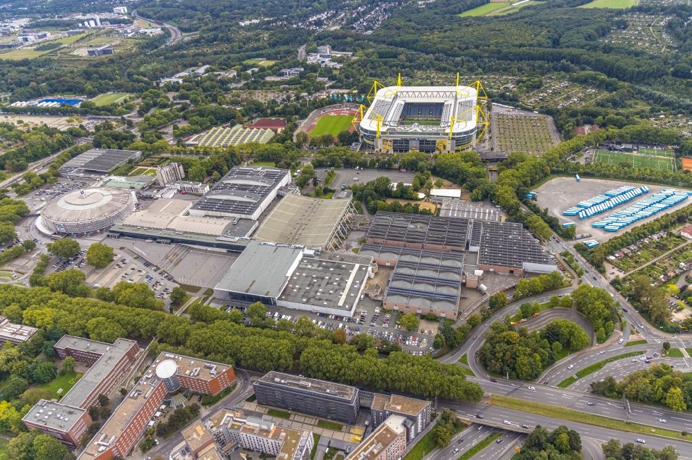 Dortmund from above - Exhibition grounds, convention center and exhibition halls and arena of the BVB - Signal Iduna Park stadium in Dortmund in the Ruhr area in the state of North Rhine-Westphalia