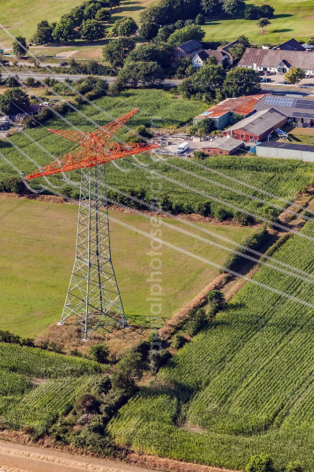 Aerial image Schwesing - Current route of the power lines and pylons in Schwesing in the state Schleswig-Holstein, Germany