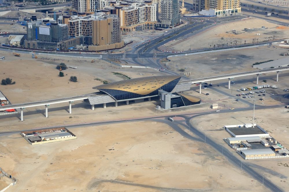 Aerial image Dubai - Metro Station Al Jadaf in the district Bur Dubai in Dubai in United Arab Emirates