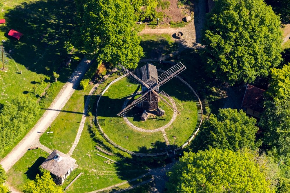 Münster from the bird's eye view: Historic mill on the grounds of the Muehlenhof open air museum on Theo-Breider-Weg in Munster in the state North Rhine-Westphalia, Germany