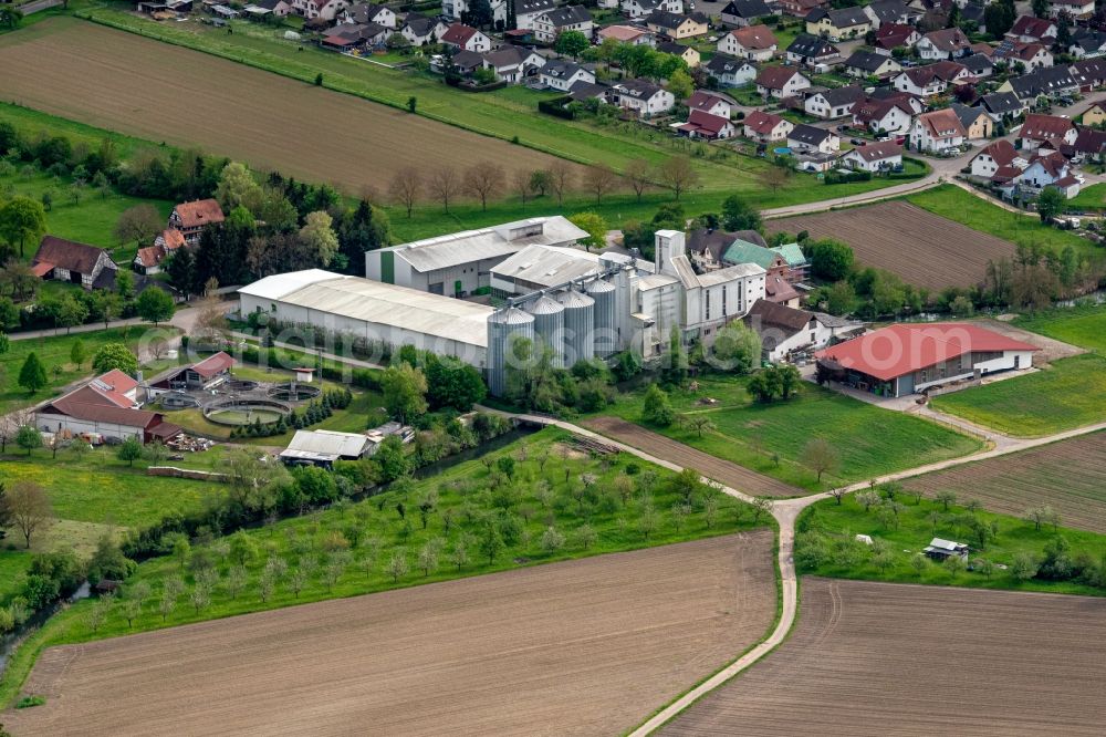 Aerial photograph Weisweil - Mill on a farm homestead on the edge of cultivated fields in Weisweil in the state Baden-Wurttemberg, Germany