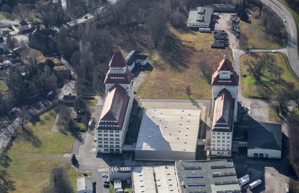 Wurzen from above - The mill works on the mill race is an industrial monument, built between 1917 until 1925. The building is located in Wurzen in Saxony. The towers of the mill works are the landmarks of the city. Now home to the Wurzener Nahrungsmittel GmbH