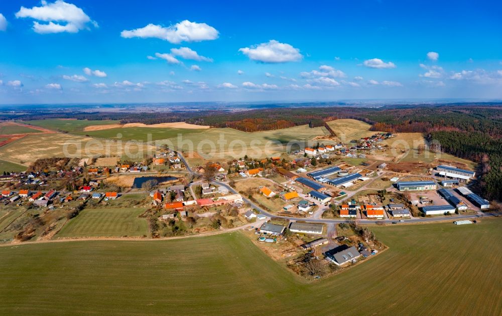 Dannenberg from above - Dairy plant and animal breeding stables with cows Dannenberger Biohof, Hofladen & Milchtankstelle in Dannenberg in the state Brandenburg, Germany
