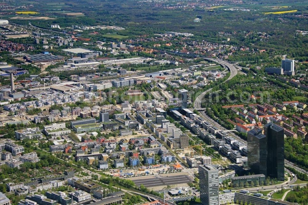 München from above - Mixed development of multi-family housing estates and office building ensembles in the Schwabing district along the federal highway - BAB - 9 in Munich in the state Bavaria, Germany