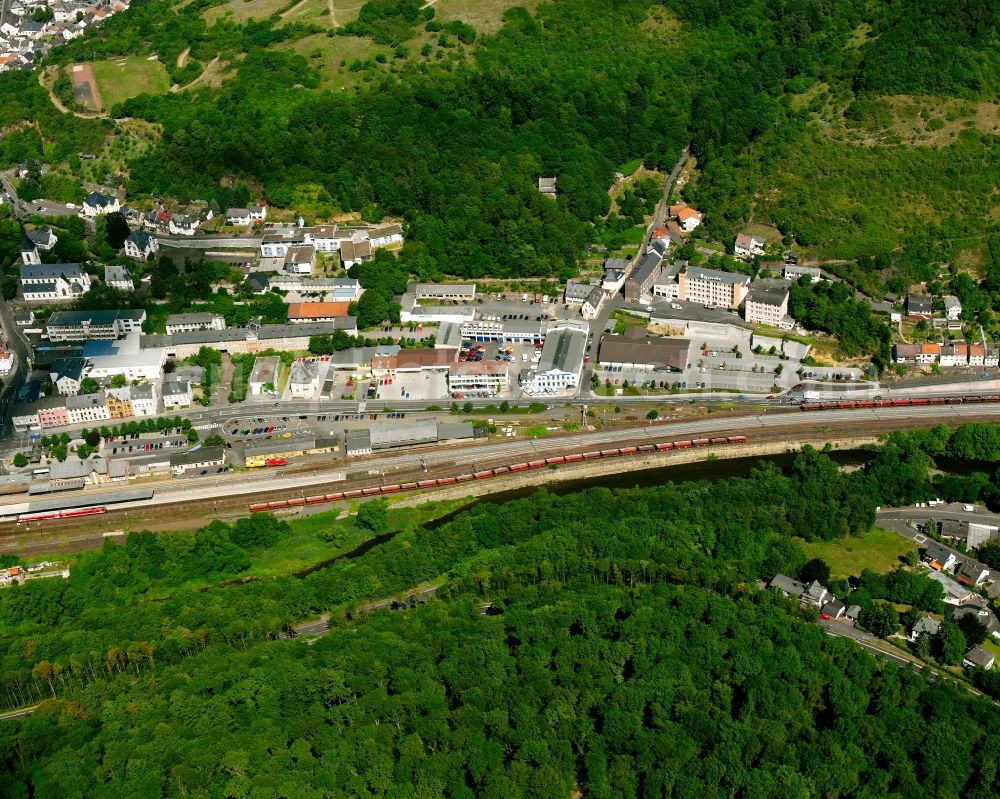 Kirn from above - Mixing of residential and commercial settlements on Bahnhofstrasse in Kirn in the state Rhineland-Palatinate, Germany