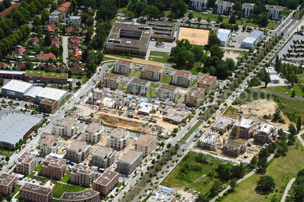 Aerial photograph Potsdam - Mixing of residential and commercial settlements by the ProPotsdam GmbH on Bornstedter Feld between of Peter-Huchel-Strasse and of Georg-Hermann-Allee in the district Bornstedt in Potsdam in the state Brandenburg, Germany