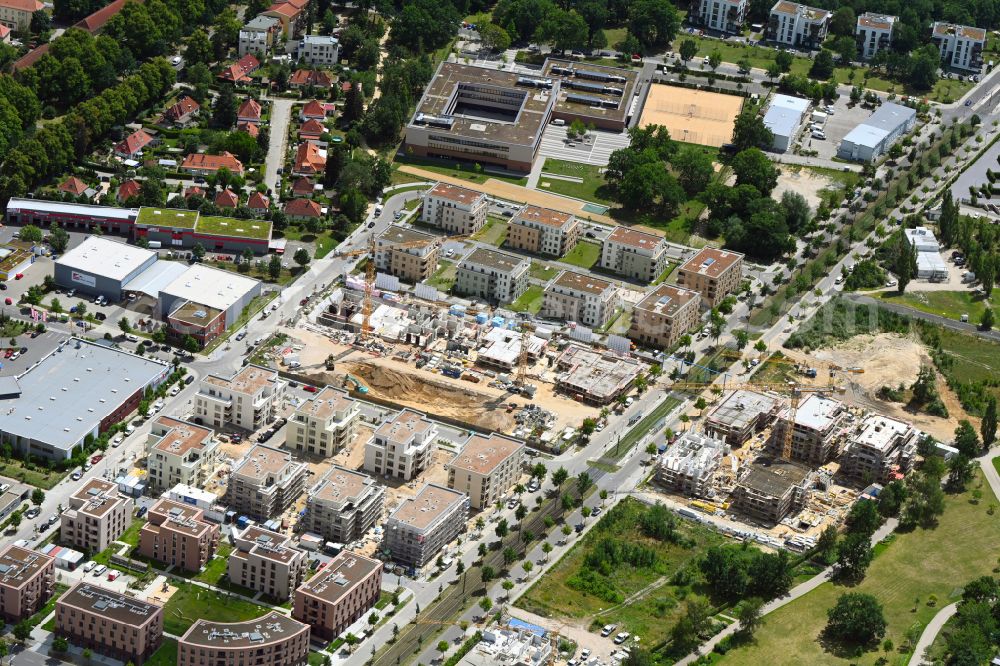 Potsdam from above - Mixing of residential and commercial settlements by the ProPotsdam GmbH on Bornstedter Feld between of Peter-Huchel-Strasse and of Georg-Hermann-Allee in the district Bornstedt in Potsdam in the state Brandenburg, Germany