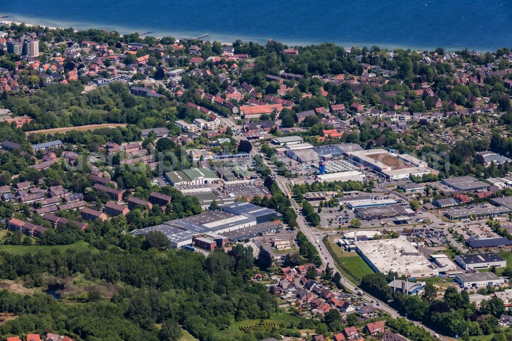 Eckernförde from above - Mixing of residential and commercial settlements in Eckernfoerde in the state Schleswig-Holstein, Germany