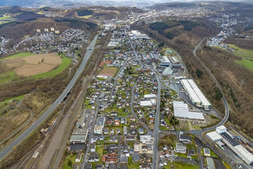 Kreuztal from above - Mixing of residential and commercial settlements along the Siegener Strasse in Kreuztal on Siegerland in the state North Rhine-Westphalia, Germany
