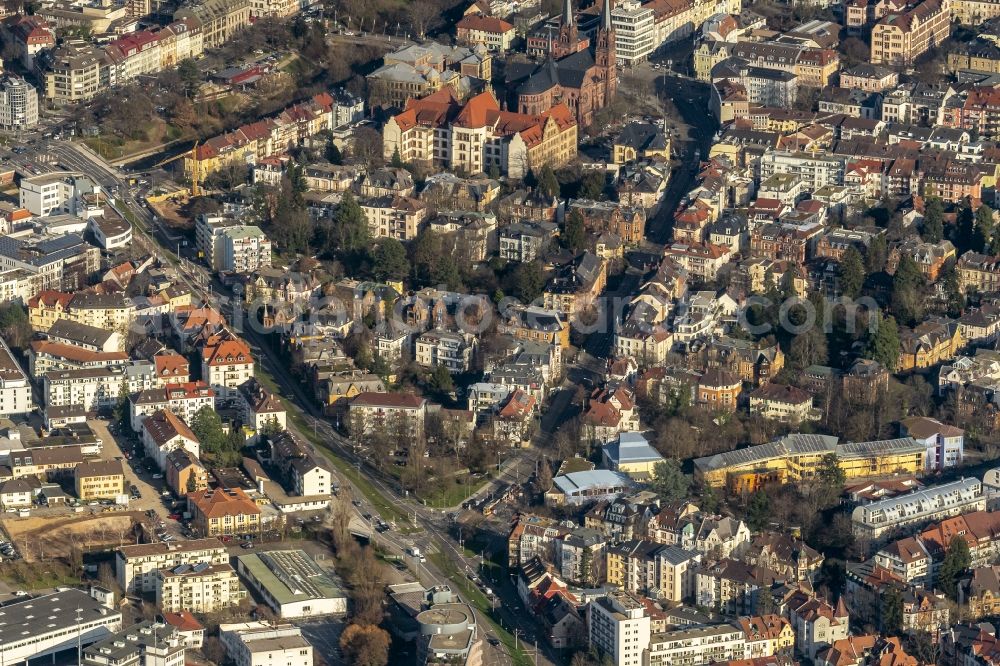 Aerial image Wiehre - Mixing of residential and commercial settlements Goethestrasse - Baslerstrasse in Wiehre in the state Baden-Wurttemberg, Germany