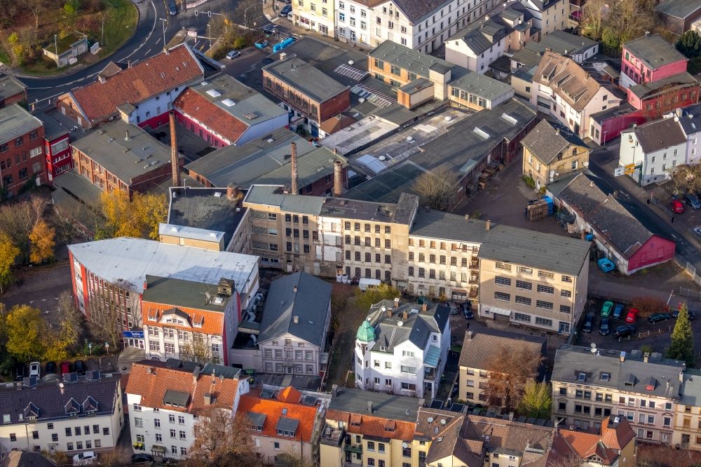 Lüdenscheid from above - Mixing of residential and commercial settlements on Humboldtstrasse and Gasstrasse in Luedenscheid in the state North Rhine-Westphalia, Germany