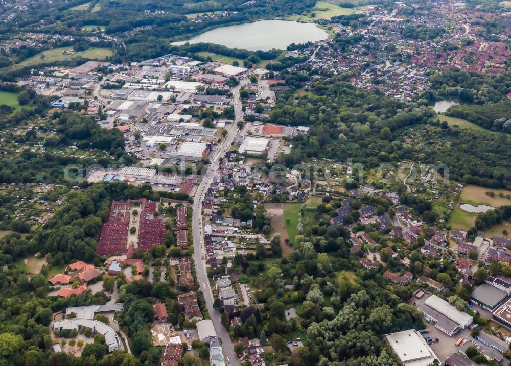 Aerial photograph Kiel - Mixed development of the residential and commercial settlement Kiel-Hassee along the Rendsburger Landstrasse in Kiel in the state Schleswig-Holstein, Germany