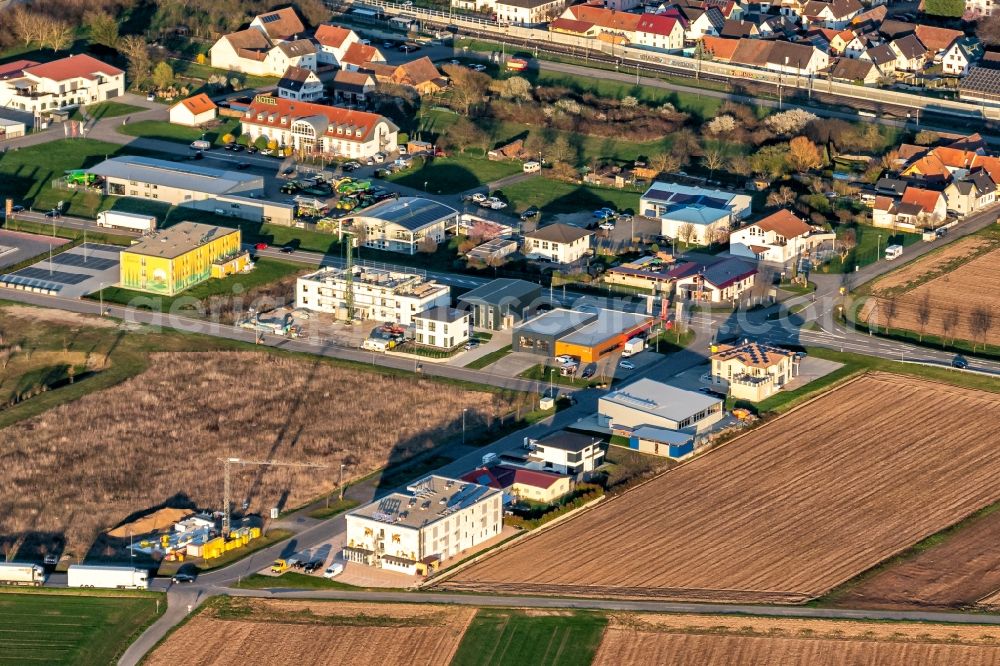 Aerial image Ringsheim - Mixing of residential and commercial settlements Im Leinenfeld in Ringsheim in the state Baden-Wurttemberg, Germany