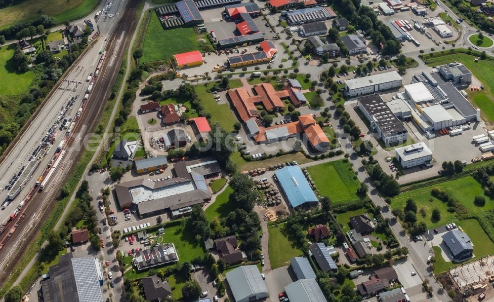 Niebüll from the bird's eye view: Mixing of residential and commercial settlements in Niebuell North Friesland in the state Schleswig-Holstein, Germany