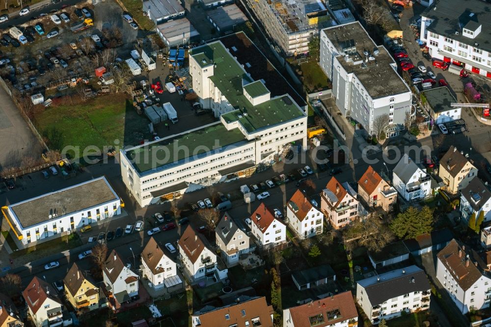 Aerial image Stuttgart - Mixing of residential and commercial settlements Schuetzenbuehlstrasse - Salzwiesenstrasse - Adestrasse in the district Zuffenhausen-Schuetzenbuehl in Stuttgart in the state Baden-Wuerttemberg, Germany