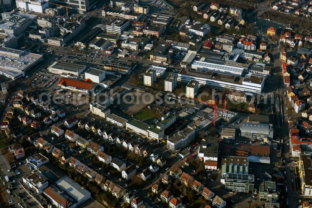Aerial image Stuttgart - Mixing of residential and commercial settlements Schuetzenbuehlstrasse - Salzwiesenstrasse - Adestrasse in the district Zuffenhause in Stuttgart in the state Baden-Wuerttemberg, Germany