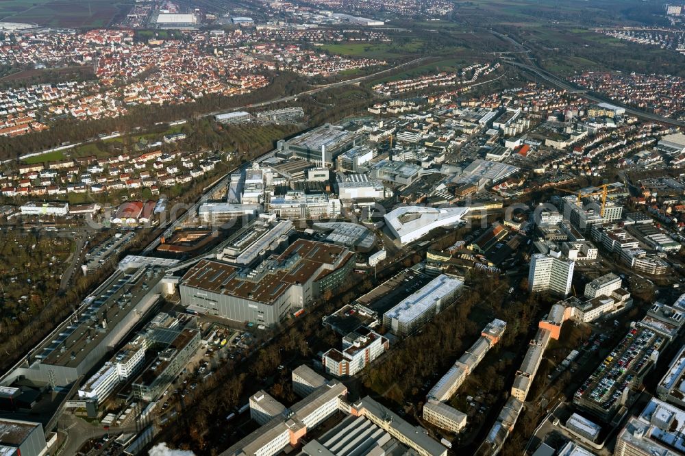 Stuttgart from above - Mixing of residential and commercial settlements Schuetzenbuehlstrasse - Salzwiesenstrasse - Adestrasse in the district Zuffenhause in Stuttgart in the state Baden-Wuerttemberg, Germany