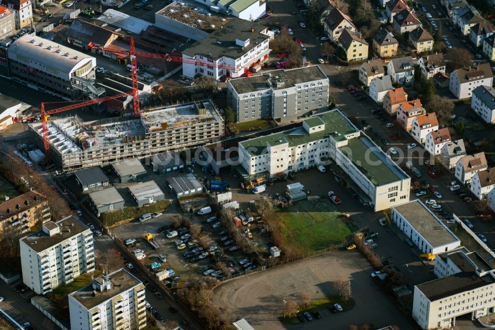 Stuttgart from the bird's eye view: Mixing of residential and commercial settlements Schuetzenbuehlstrasse - Salzwiesenstrasse - Adestrasse in the district Zuffenhause in Stuttgart in the state Baden-Wuerttemberg, Germany