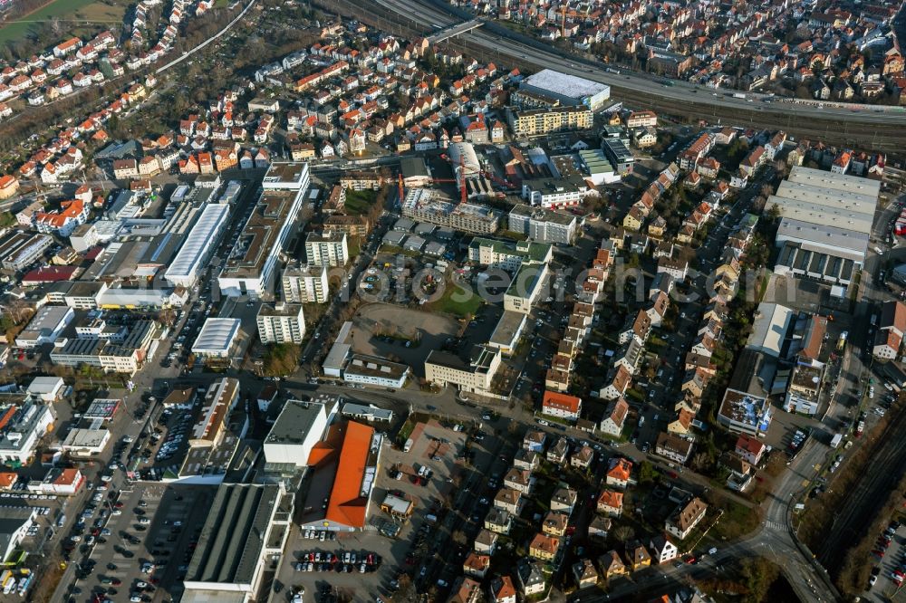 Stuttgart from the bird's eye view: Mixing of residential and commercial settlements Schuetzenbuehlstrasse - Salzwiesenstrasse - Adestrasse in the district Zuffenhause in Stuttgart in the state Baden-Wuerttemberg, Germany