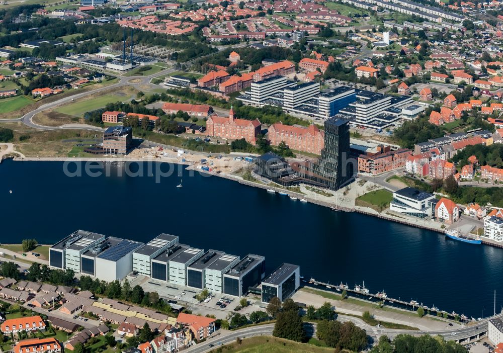Sonderborg from the bird's eye view: Mixing of residential and commercial settlements with Universitaet and Hotel -Anlage in Soenderborg in Syddanmark, Denmark