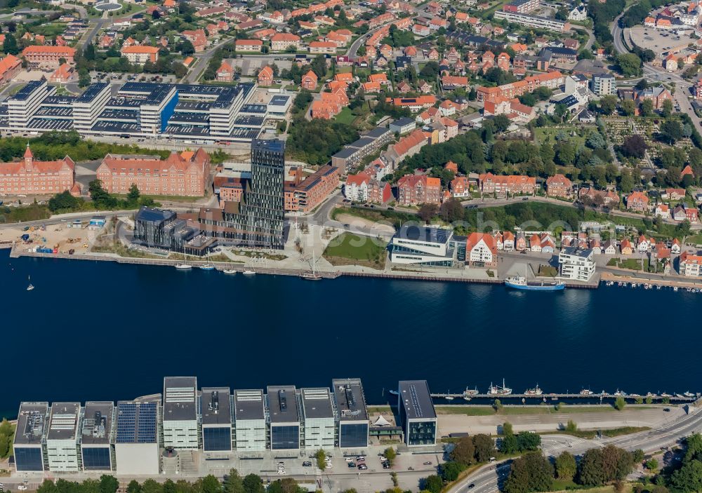 Aerial photograph Sonderborg - Mixing of residential and commercial settlements with Universitaet and Hotel -Anlage in Soenderborg in Syddanmark, Denmark