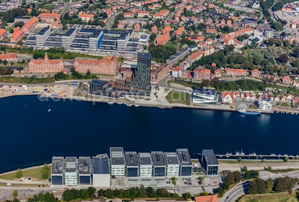 Sonderborg from above - Mixing of residential and commercial settlements with Universitaet and Hotel -Anlage in Soenderborg in Syddanmark, Denmark