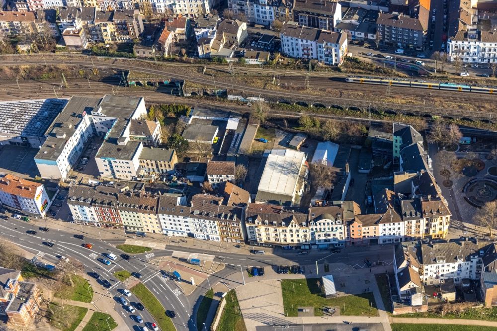 Hagen from above - Mixing of residential and commercial settlements on Wehringhauser Strasse - Bodelschwinghplatz in Hagen at Ruhrgebiet in the state North Rhine-Westphalia, Germany