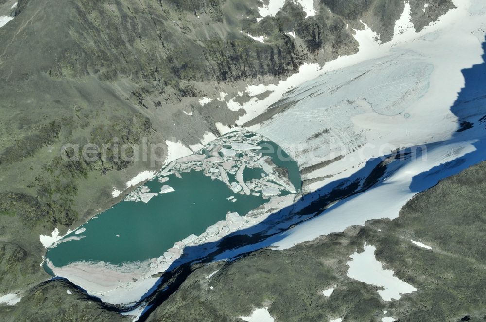 Fortun from the bird's eye view: With icy glacier lake - landscape in the fjords near Fortunn in Norway