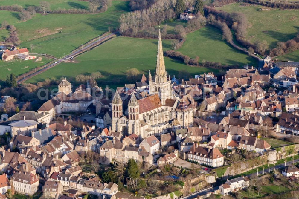 Aerial image Autun - Church building of the medieval cathedral of Saint-Lazare in Autun in Bourgogne-Franche-Comte, France