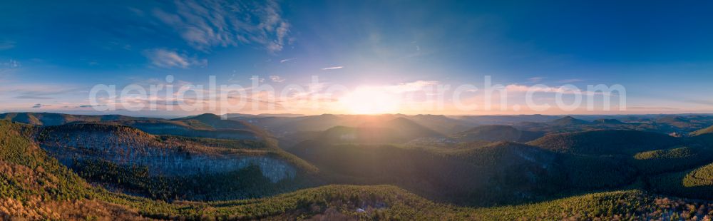 Aerial image Erlenbach bei Dahn - Forest and mountain landscape of the mid-mountain range in Erlenbach bei Dahn in the state Rhineland-Palatinate, Germany