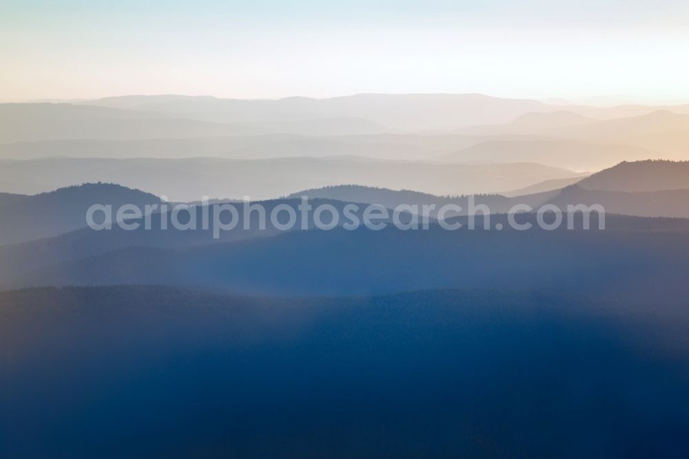 Aerial photograph Oberhof - Forest and mountain landscape of the mid-mountain range in the morning mist in Oberhof at Thueringer Wald in the state Thuringia, Germany