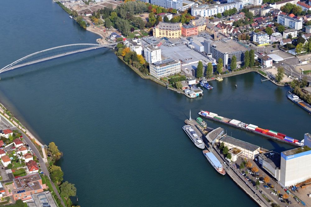 Aerial image Basel - In the middle of the river Rhine the three countries Germany, Switzerland and France merge in Basel in Switzerland. A Pylon is symbolising the location in the harbor area of Basle in Switzerland