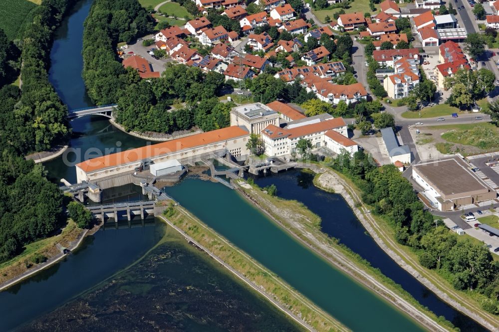 Finsing from the bird's eye view: Structure and dams of the waterworks and hydroelectric power plant Neufinsing in Finsing in the state Bavaria