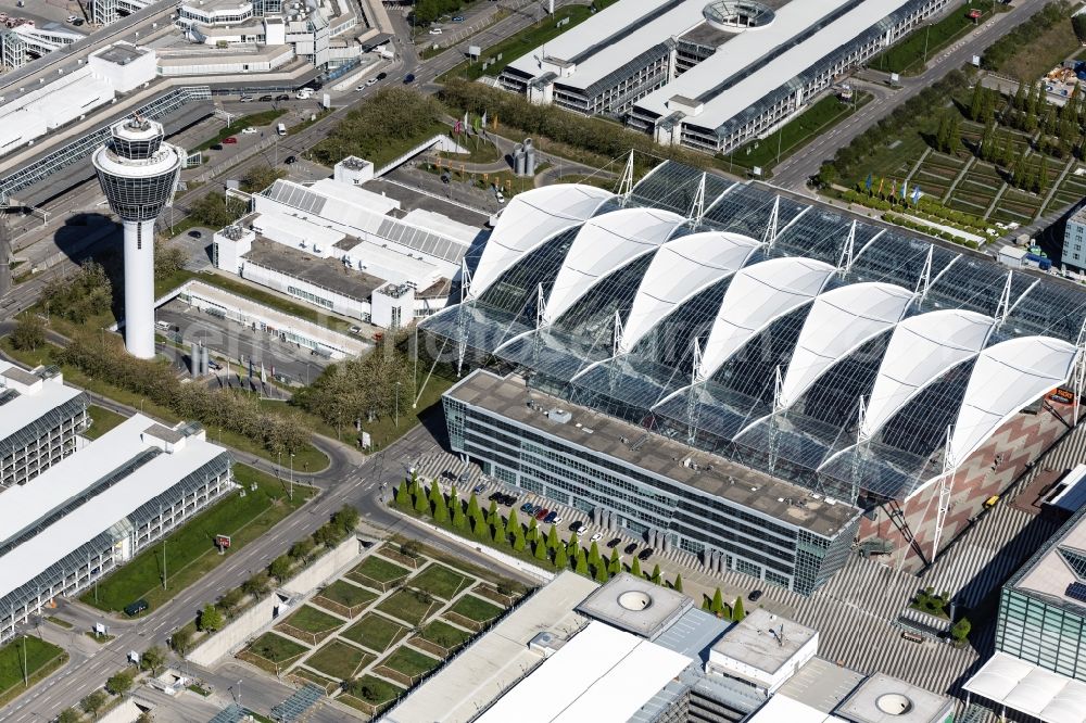 Oberding from above - White membrane roof construction on the central terminal building Muenchen Airport Centers (MAC) and terminal on the grounds of Munich Airport in Oberding in the state Bavaria, Germany