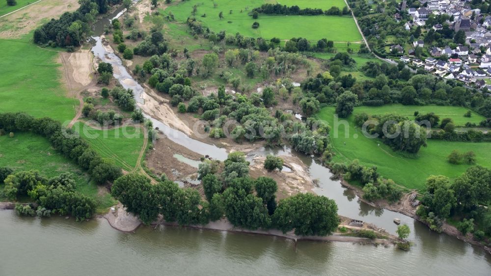 Aerial image Remagen - The mouth of the Ahr into the Rhine with the destroyed wooden pedestrian bridge after the flood disaster of July 2021 in the state Rhineland-Palatinate, Germany
