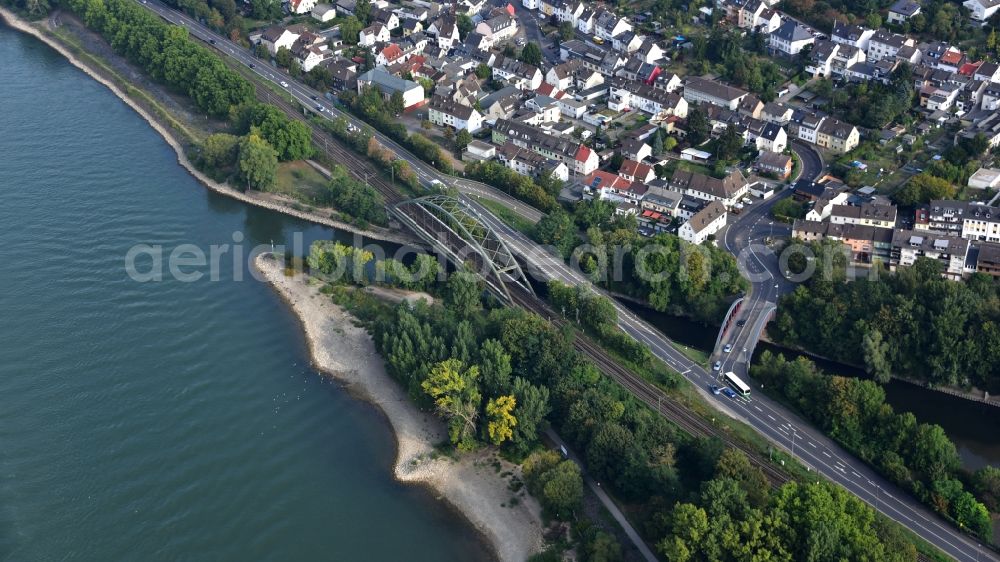 Aerial image Neuwied - The river Wied flows into the Rhine at Irlich in the state Rhineland-Palatinate, Germany