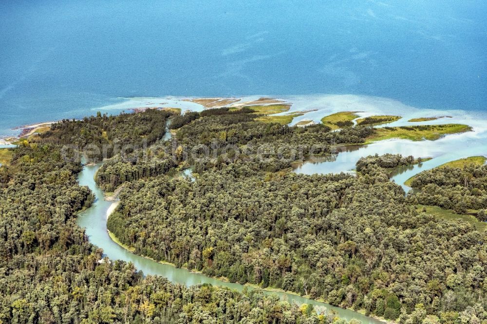 Chiemsee from above - Estuary of the Tiroler Ache in Uebersee in Bavaria. It rises at the Thurn Pass and flows into the Chiemseeat Grabenstaett