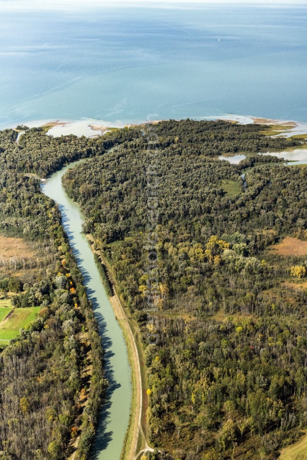 Aerial image Chiemsee - Estuary of the Tiroler Ache in Uebersee in Bavaria. It rises at the Thurn Pass and flows into the Chiemseeat Grabenstaett