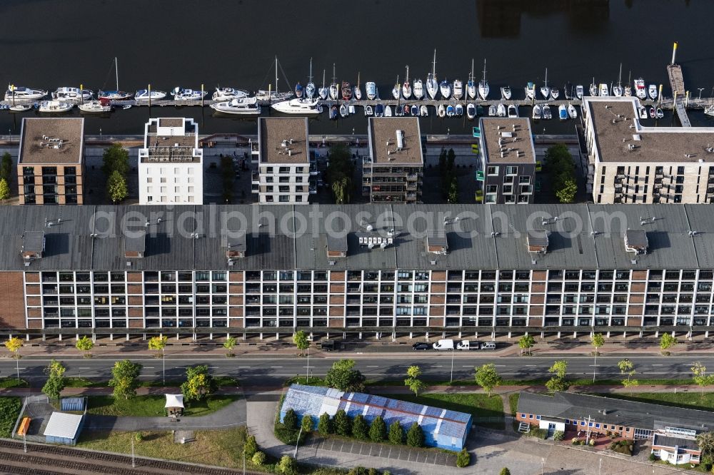 Bremen from above - Port facilities of Marina Europahafen Bremen on Konsul-Smidt-Strasse on the banks of the river course of the Weser in the district Ueberseestadt in Bremen, Germany