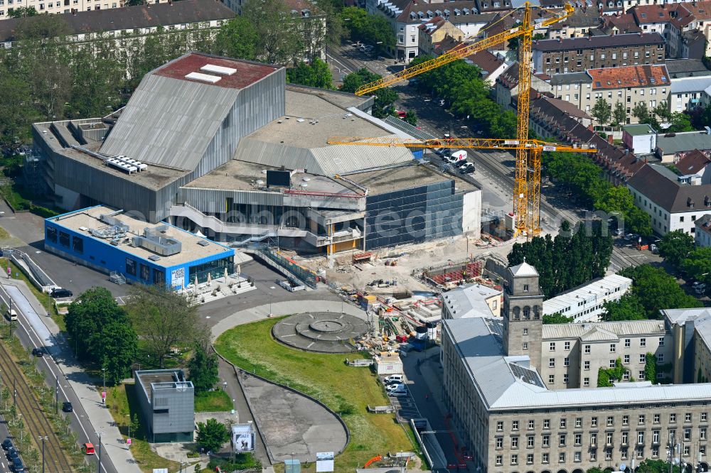 Aerial image Karlsruhe - Renovation and conversion construction site of the building of the concert hall and theater playhouse Badisches Staatstheater on Baumeisterstrasse - Kriegstrasse in Karlsruhe in the state Baden-Wurttemberg, Germany