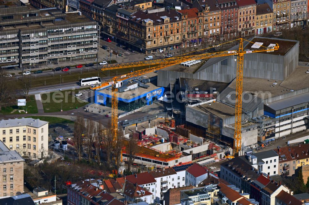 Karlsruhe from above - Renovation and conversion construction site of the building of the concert hall and theater playhouse Badisches Staatstheater on Baumeisterstrasse - Kriegstrasse in Karlsruhe in the state Baden-Wurttemberg, Germany