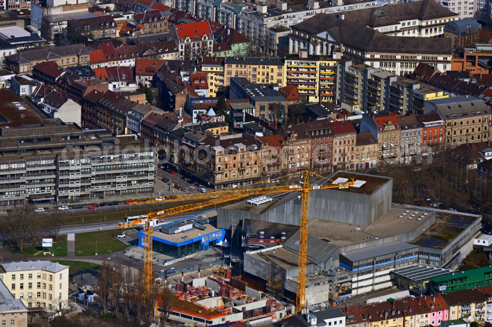 Karlsruhe from the bird's eye view: Renovation and conversion construction site of the building of the concert hall and theater playhouse Badisches Staatstheater on Baumeisterstrasse - Kriegstrasse in Karlsruhe in the state Baden-Wurttemberg, Germany