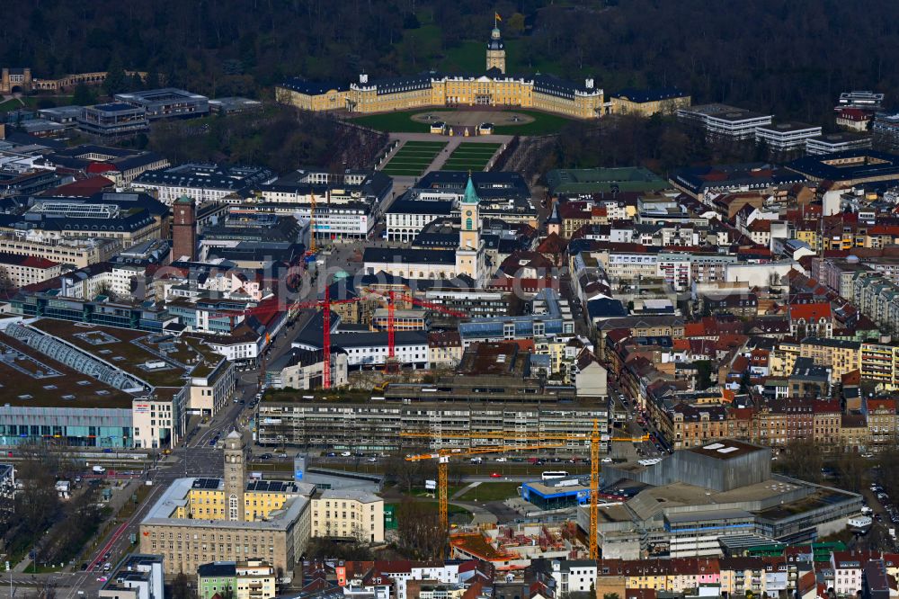 Aerial image Karlsruhe - Renovation and conversion construction site of the building of the concert hall and theater playhouse Badisches Staatstheater on Baumeisterstrasse - Kriegstrasse in Karlsruhe in the state Baden-Wurttemberg, Germany